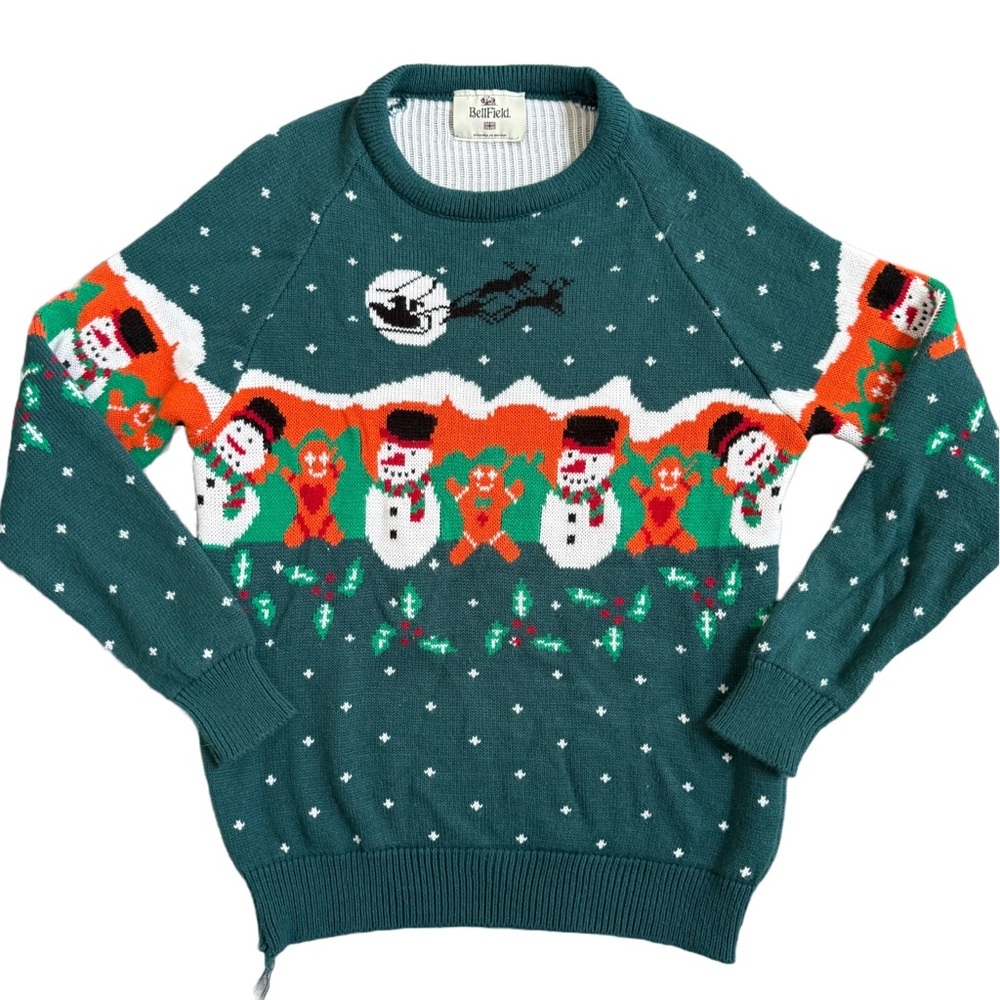 BELLFIELD GREEN UGLY CHRISTMAS KNIT SWEATER WITH SNOWMAN PRINT
